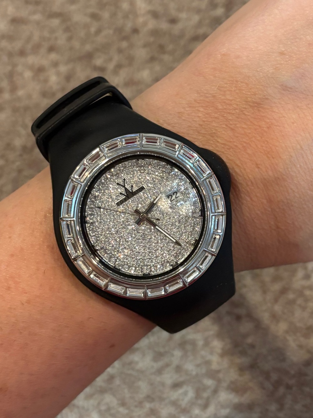 ToyWatch Black Silicone Watch with Silver Glitter Dial and Crystal Bezel
